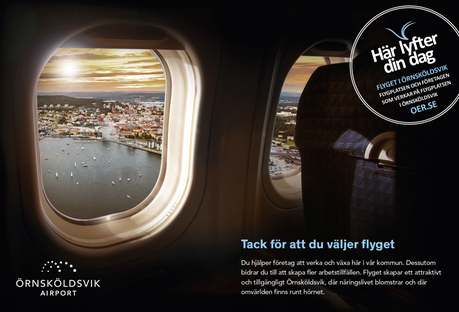 Annons med flygplansfönster och vy över Örnsköldsvik